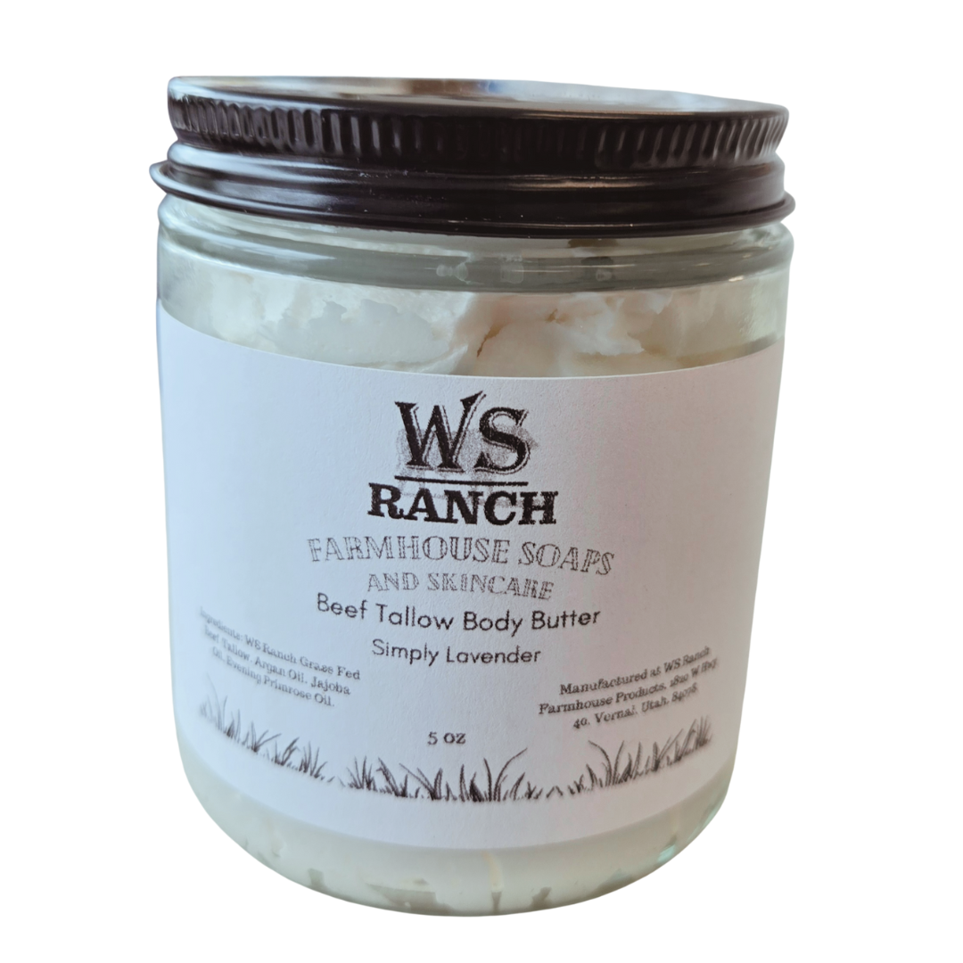 Beef tallow body butter in a 5 oz jar from WS Ranch, featuring a Simply Lavender scent, with a label highlighting farmhouse soaps and skincare products.